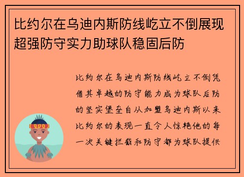 比约尔在乌迪内斯防线屹立不倒展现超强防守实力助球队稳固后防